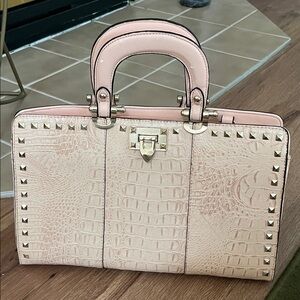 Faux leather croc print structured bag with gold tone rock stud detail